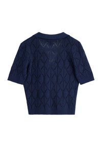 Polo a maniche corte in maglia blu navy con motivo a diamante e polsini a costine. Caratterizzato da una trama aperta e un colletto in tinta unita.