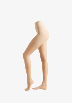 Beige transparente Strumpfhosen mit hohem Bund, glatter Textur, transparenter Optik und verstärktem Zehenbereich. Entwickelt für einen angenehmen Sitz.