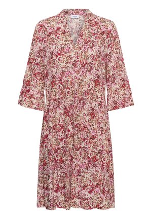 Robe fleurie longueur genou avec motif abstrait rose, rouge et marron, décolleté en V et manches cloche trois-quarts.