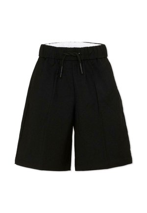 Czarne spodenki do kolan z elastycznym pasem i sznurkiem, cechujące się luźnym krojem i ozdobnymi przeszyciami z przodu.