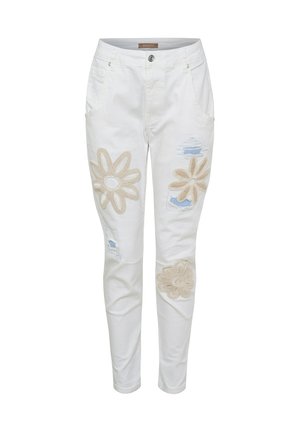 Hvide bukser med beige hæklede blomsterlapper og slidte blå denimbeklædte detaljer på forbenene, med forlommer og knaplukning.