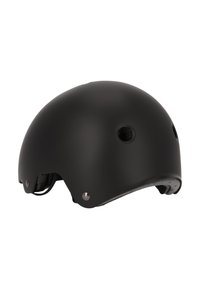 Sort mat hjelm med rundt design, ventilationshuller og sølvfarvede hardware-accenter. Har en polstret inderside for komfort og pasform.