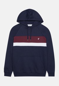 Mörkblå hoodie med vinröda och vita horisontella ränder, framficka, dragband och en liten vit fågel-logo på bröstet.