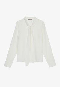 White long-sleeve blouse made of smooth fabric, featuring a tie at the neck and tailored cuffs. Simple, classic design without patterns.