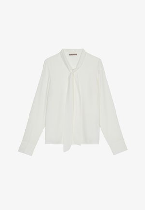 Bílá halenka s dlouhým rukávem vyrobená z hladkého materiálu, s kravatou u krku a přizpůsobenými manžetami. Jednoduchý, klasický design bez vzorů.