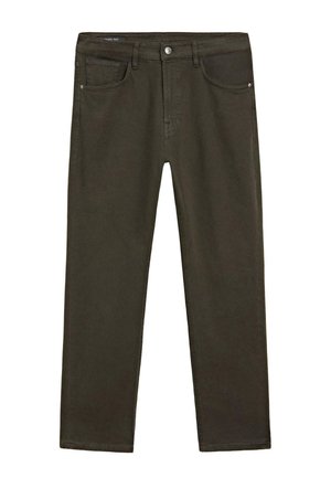 Pantalon droit vert olive foncé avec bouton devant, fermeture éclair, passants de ceinture et design à cinq poches.