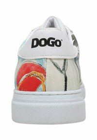 White sneakers with colorful abstract patterns featuring red and orange accents. The brand logo "DOGO" is visible on the heel. Textured rubber sole.