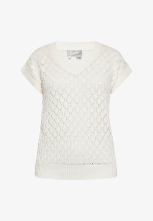 Weißer gestrickter Pullover mit V-Ausschnitt, kurzen Ärmeln und Rautenmuster. Mit gerippten Abschlüssen am Kragen und Saum.