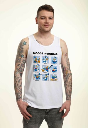 Hvid tanktop i bomuld med et tegneserie-design, der viser ni udtryk af en tegnefilmsand karakter, mærket "Donald Moods."