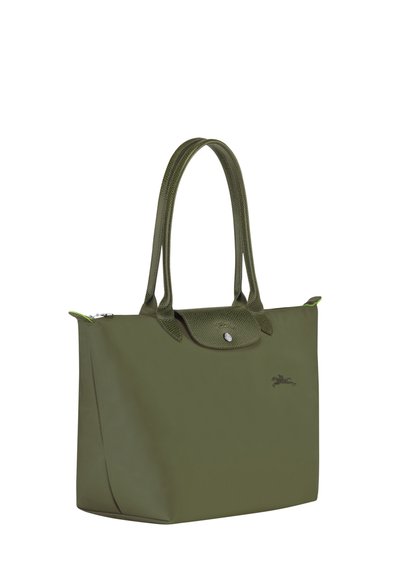 Olive green tote bag with textured handles, zipper closure, and a front flap. Features a small logo and contrasting green accents.