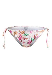 Roxy bikinibottom med ett blommönster i rosa och grönt på en vit bakgrund, med sidband och en mjuk tygetextur.