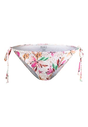 Roxy bikini onderkant met een bloemenpatroon in roze en groen op een witte achtergrond, met zijstrikjes en een gladde stoftextuur.