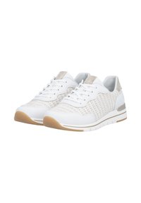 White sneakers with a breathable woven upper and light beige accents. Features a cushioned sole and textured patterns on the sides.