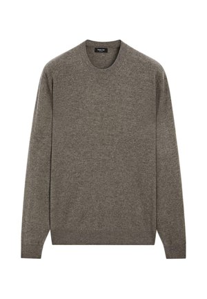 Brauner Strickpullover mit Rundhalsausschnitt und langen Ärmeln, gerippten Bündchen und Saum, weicher Textur und einem schlichten Design ohne Muster oder Verzierungen.