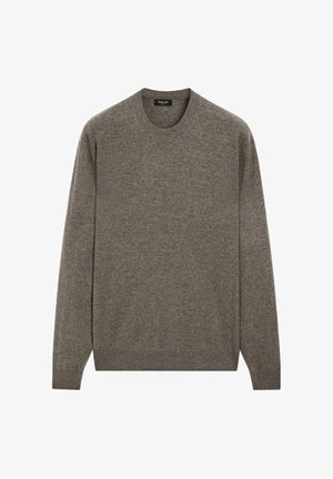 Brown knit crewneck sweater with long sleeves, ribbed cuffs and hem, soft texture, and a simple design without patterns or embellishments.