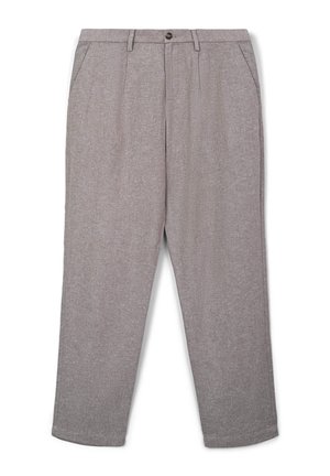 Pantaloni grigi chiari in tessuto testurizzato, con fronte piatto, due tasche laterali e chiusura a bottone singolo in vita.