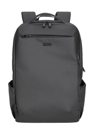 Zwarte rechthoekige rugzak met bovenhandvat, gevoerde schouderbanden, voorvak met rits en zijvakken op een witte achtergrond.