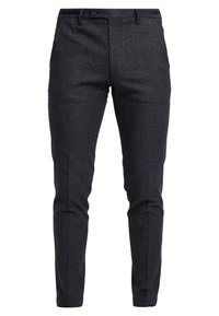 Tmavě šedé kalhoty na míru s jemným károvaným vzorem. Vyrobené z texturované látky, mají rovný přední díl a úzké, zúžené nohavice.