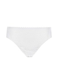Slip in pizzo bianco con motivi floreali, vita scallop e texture liscia. Il design è senza cuciture e a vita bassa.