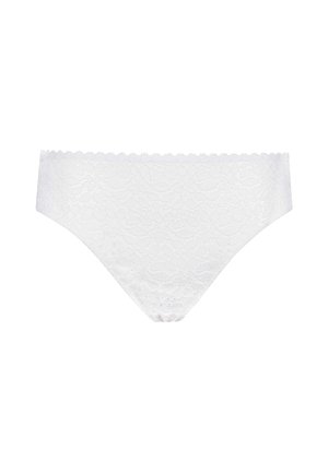 Slip in pizzo bianco con motivi floreali, vita scallop e texture liscia. Il design è senza cuciture e a vita bassa.