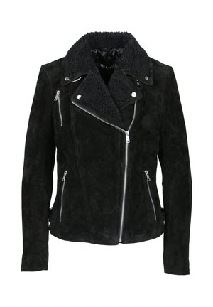 Black suede motorcycle jacket with a shearling collar, featuring silver zippers and a fitted silhouette. Suitable for casual and stylish wear.