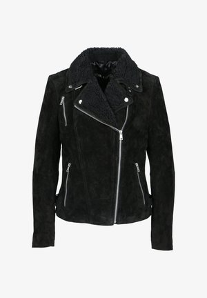 Schwarze Wildleder-Motorradjacke mit einem Schaffellkragen, ausgestattet mit silbernen Reißverschlüssen und einer taillierten Silhouette. Geeignet für legere und stilvolle Outfits.