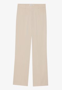 Beige broek gemaakt van een gladde stof, met een rechte pijp, twee voorplooien en een standaard tailleband.