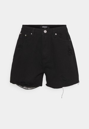 Schwarze Jeansshorts mit verwaschenen Details, ausgefransten Säumen, vorderem Knopf und Fünf-Taschen-Design, mit Missguided Petite-Label.