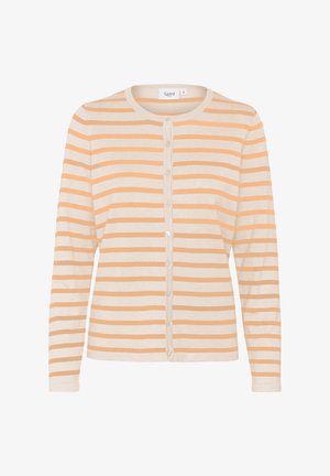 Gai beidžs kardigans ar oranžām horizontālām svītrām, ar pogām priekšā un garām piedurknēm. Izgatavots no mīksta materiāla ar apaļu apkakli.