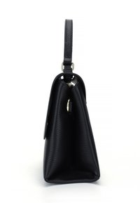 Black leather handbag with a structured shape, textured exterior, and a single top handle. Features metallic hardware and open top design.