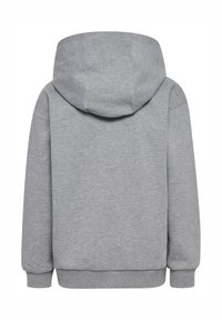 Grauer Kapuzenpullover mit weicher Textur, ausgestattet mit einer kompletten Kapuze und gerippten Bündchen. Die Rückseite hat ein nahtloses Design und klare Linien.