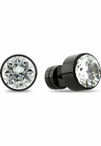 Orecchini in metallo nero con design circolare, caratterizzati da cristalli trasparenti e sfaccettati in montature lucide. Texture liscia con finitura lucida.