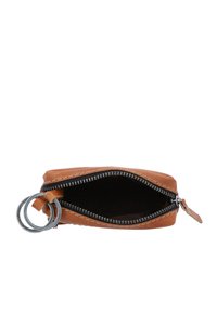 Brown leather wallet with a zip closure, keyring attachment, and contrasting black interior. Features a smooth texture and minimal stitching.