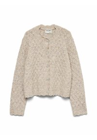 Helebeež kudumist kardigan teemantmustriga, laineline ääreosa ja ümmargune kaelus. Esiküljel viis metallist nööpi.