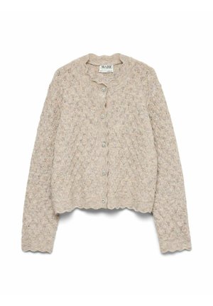 Gaiši bēša adīta kardigana ar dimanta rakstu, viļņotu apakšmalu un apaļu izgriezumu. Priekšpusē ir pieci metāla pogas.