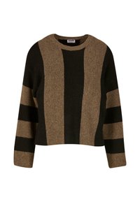 Sweter dziergany w brązowo-czarnych paskach, z okrągłym dekoltem i długimi rękawami o teksturowanym wykończeniu. Krótki krój.