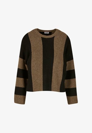 Pletený svetr s hnědočernými pruhy, s kulatým výstřihem a dlouhými rukávy s texturovaným povrchem. Krátký střih.
