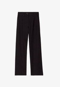 Pantalones negros de pierna recta con botón frontal, cierre de cremallera, trabillas para cinturón y bolsillos laterales, exhibidos sobre fondo blanco.
