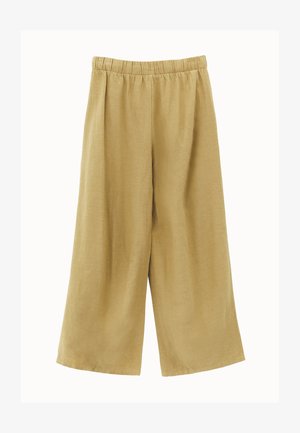 Beige, wijde broek met hoge taille en elastische tailleband, gemaakt van lichtgewicht, gestructureerde stof, plat neergelegd tegen een effen achtergrond.