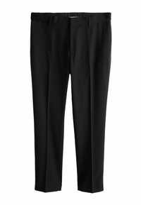 Pantaloni negri croiți dintr-un material neted. Prezintă o textură fină cu puncte, croi dreaptă și bucle standard pentru curea.