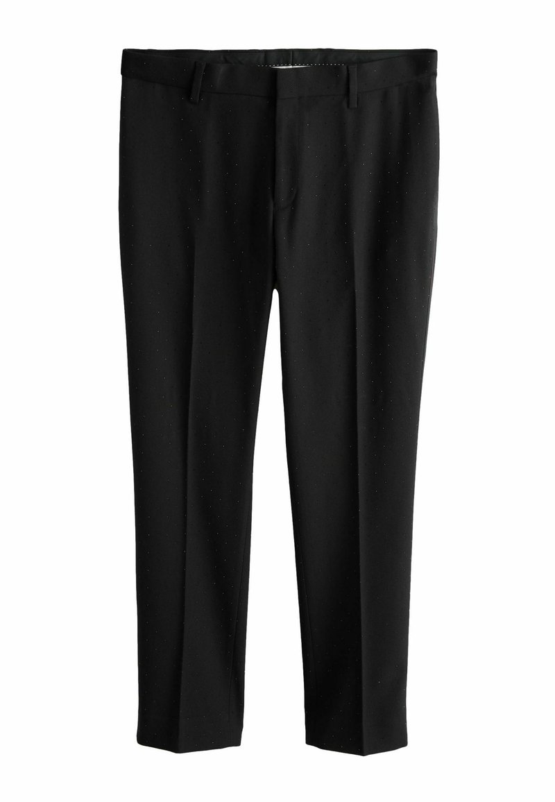 Pantaloni negri croiți dintr-un material neted. Prezintă o textură fină cu puncte, croi dreaptă și bucle standard pentru curea.