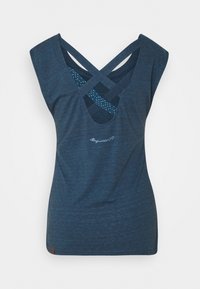 Ciemnoniebieski bezrękawnik z głębokim dekoltem w serek, krzyżowym designem na plecach, subtelnym wzorem w kropki na wewnętrznej warstwie oraz haftem z logo.