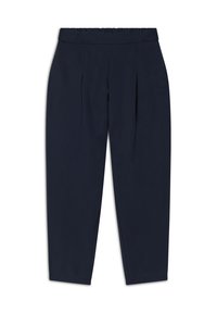Pantalones azul marino hechos de una tela suave, con una cintura ancha, pliegues en la parte delantera y piernas ajustadas con una textura suave.