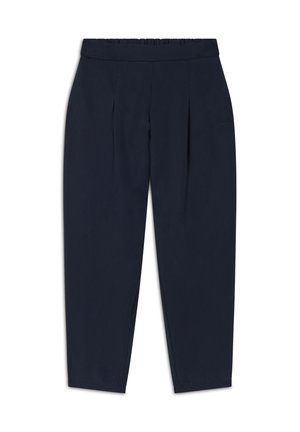 Pantaloni blu navy realizzati in tessuto morbido, con vita ampia, pieghe frontali e gambe affusolate con una superficie liscia.