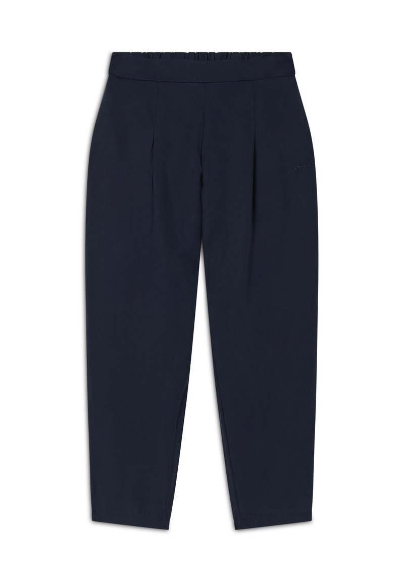 Pantalones azul marino hechos de una tela suave, con una cintura ancha, pliegues en la parte delantera y piernas ajustadas con una textura suave.