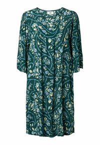 Vestido verde oscuro hasta la rodilla con mangas de tres cuartos, escote en V y un patrón de viñas florales en azul claro y crema.