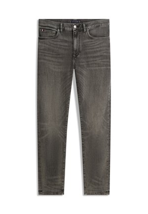 Donkergrijze denim jeans met een rechte pijp, voorzien van subtiele vervaging, vijf zakken en een logolabel op de achterste tailleband.
