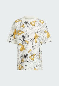 T-shirt bianco in cotone con un allegro motivo stampato che presenta personaggi Disney in nero e giallo. Design a maniche corte e collo rotondo.