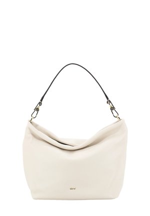 Soft white leather shoulder bag with black strap and small gold logo on front, clasped with elegant gold hardware.