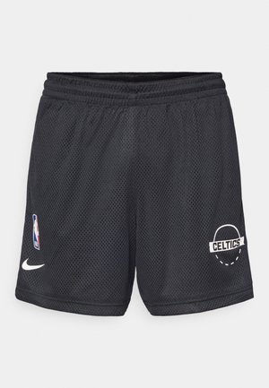 Black mesh basketball shorts with an elastic waistband, featuring a white Nike logo and Boston Celtics print on the right side.